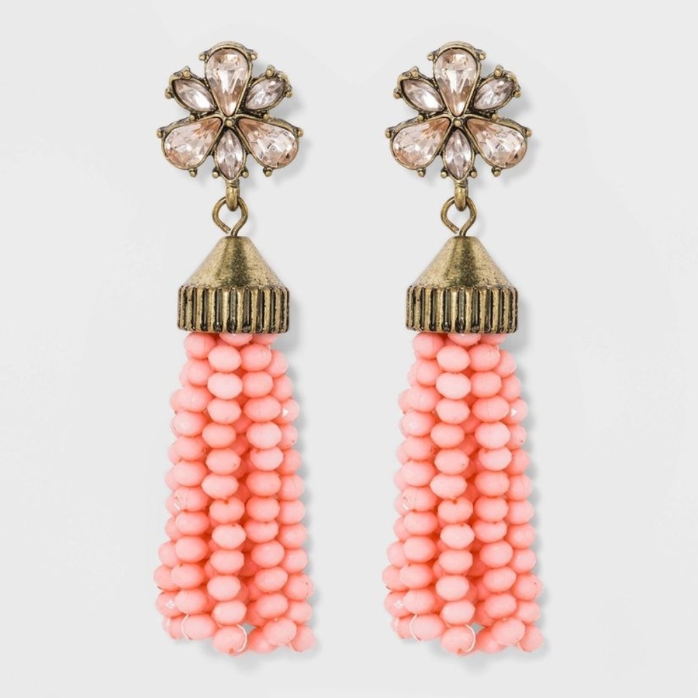 Sugarfix Pink Beaded Tassel Drop Earrings Crystal
